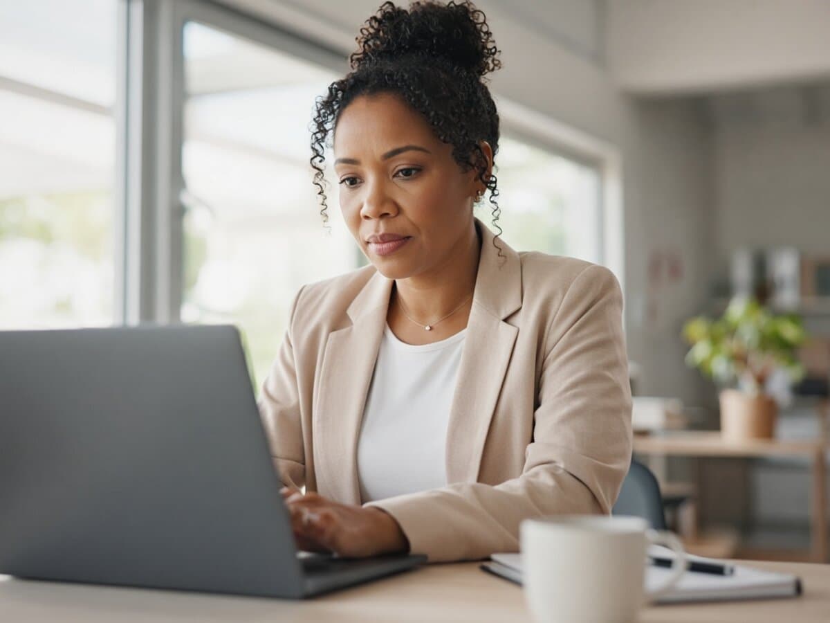 Advisor reviewing product-data work on a laptop