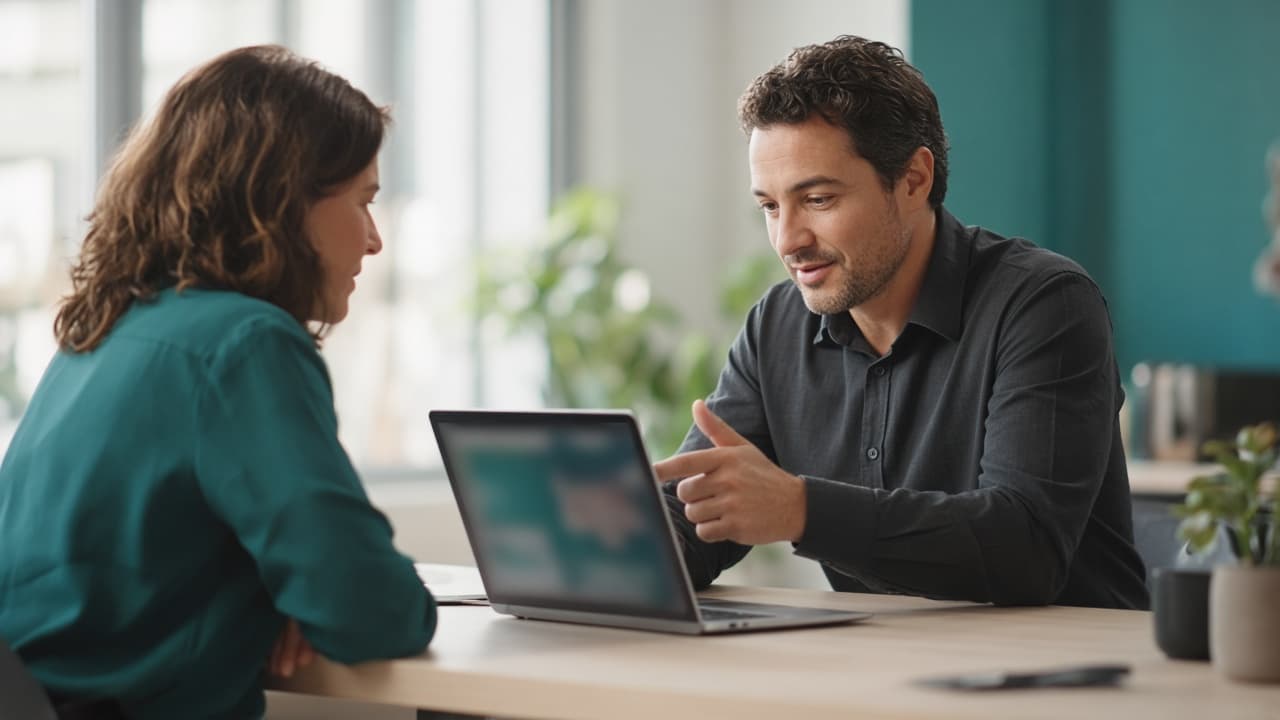 Advisors reviewing a product landscape together on a laptop